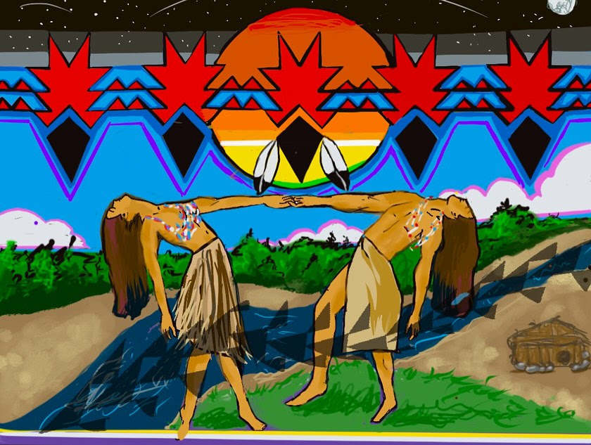 A painting of two Native Americans holding hands and dancing together. Both are looking up at the sky, which has Native decorations, a setting sun, and stars. There is a river and a traditional house in the background