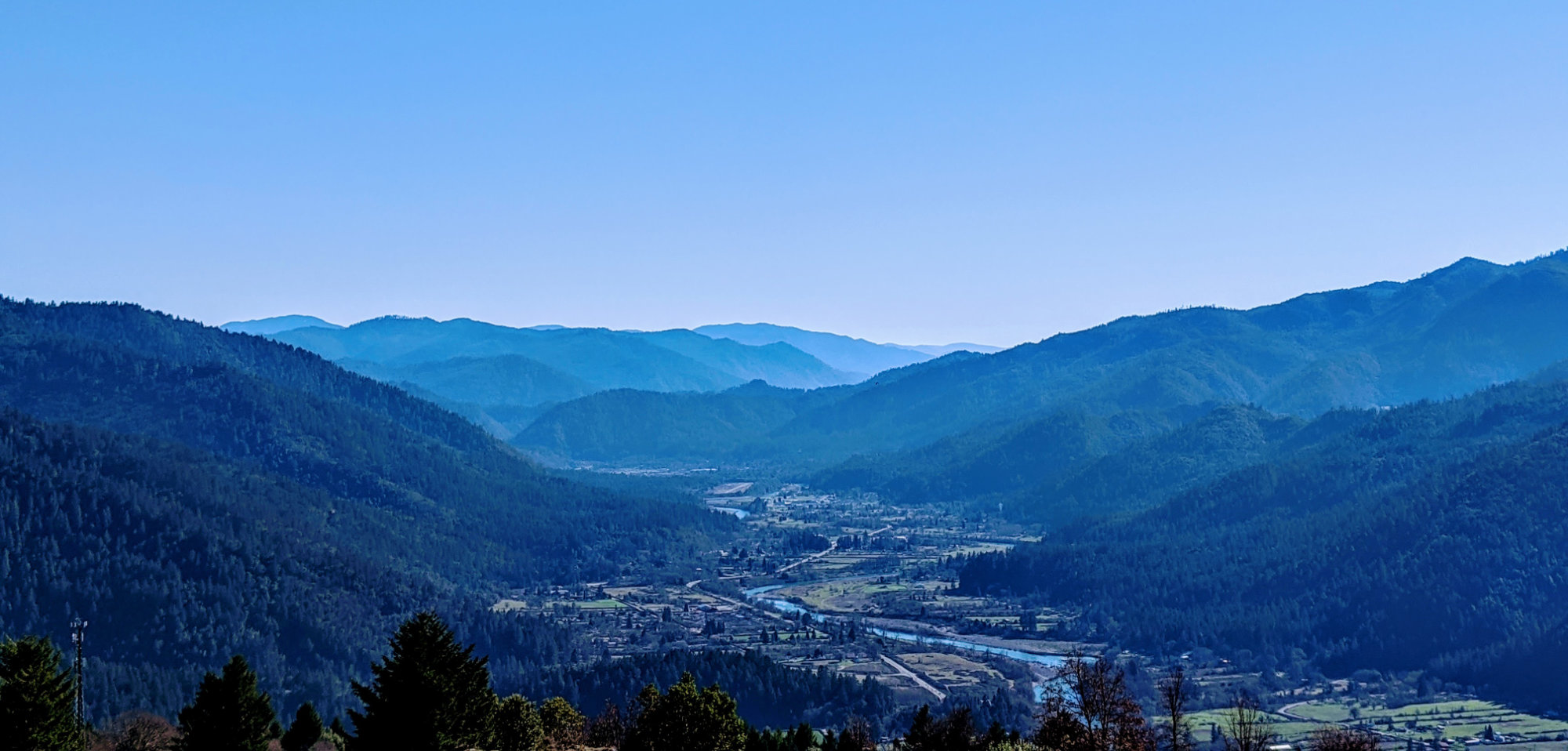 A view over a valley at at blue hour